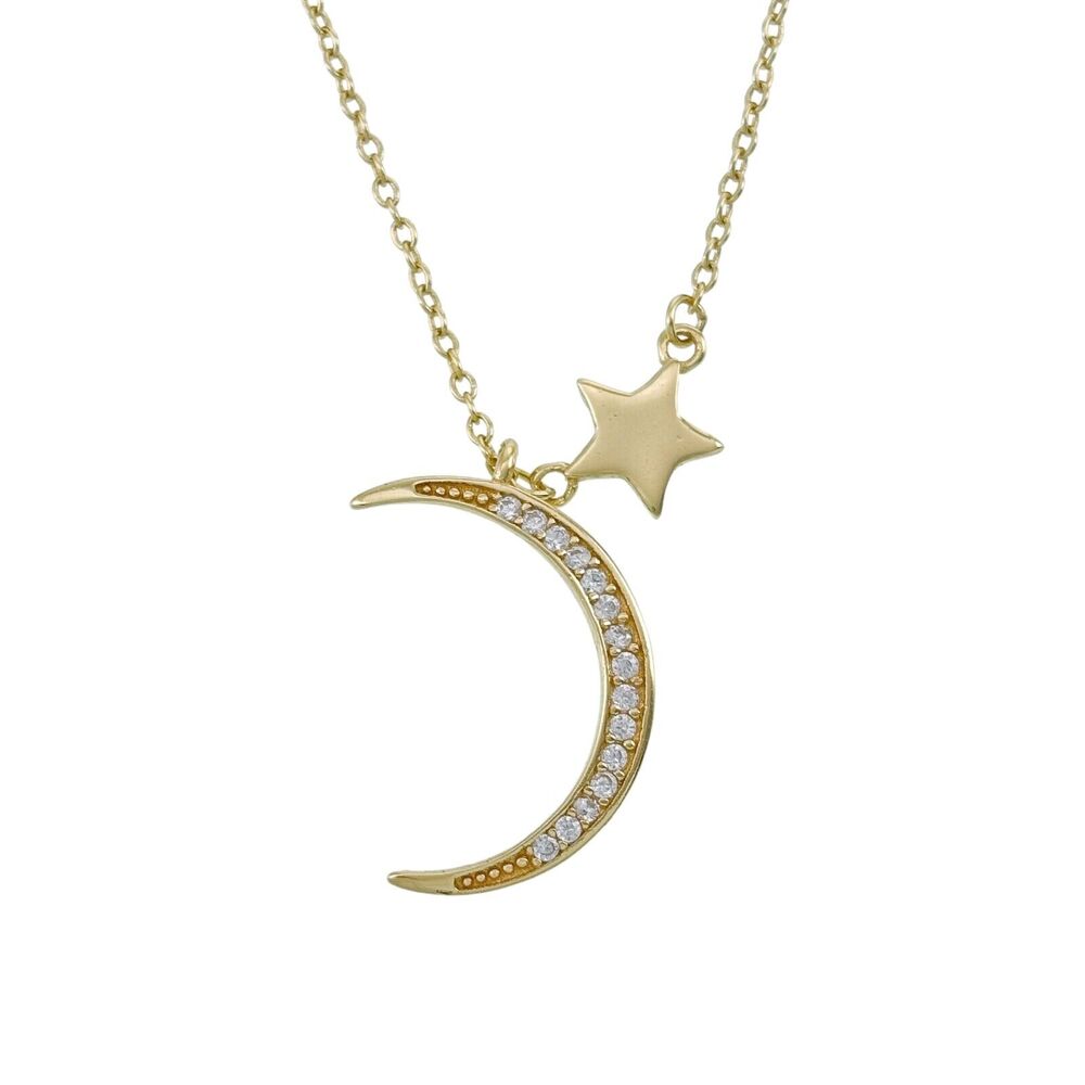 Vintage Gold-Tone Sterling Silver CZ Crescent Moon Star Necklace 15.75"-17.5"